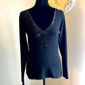 Inc Sequin VNeck Silk-Blend Top | M